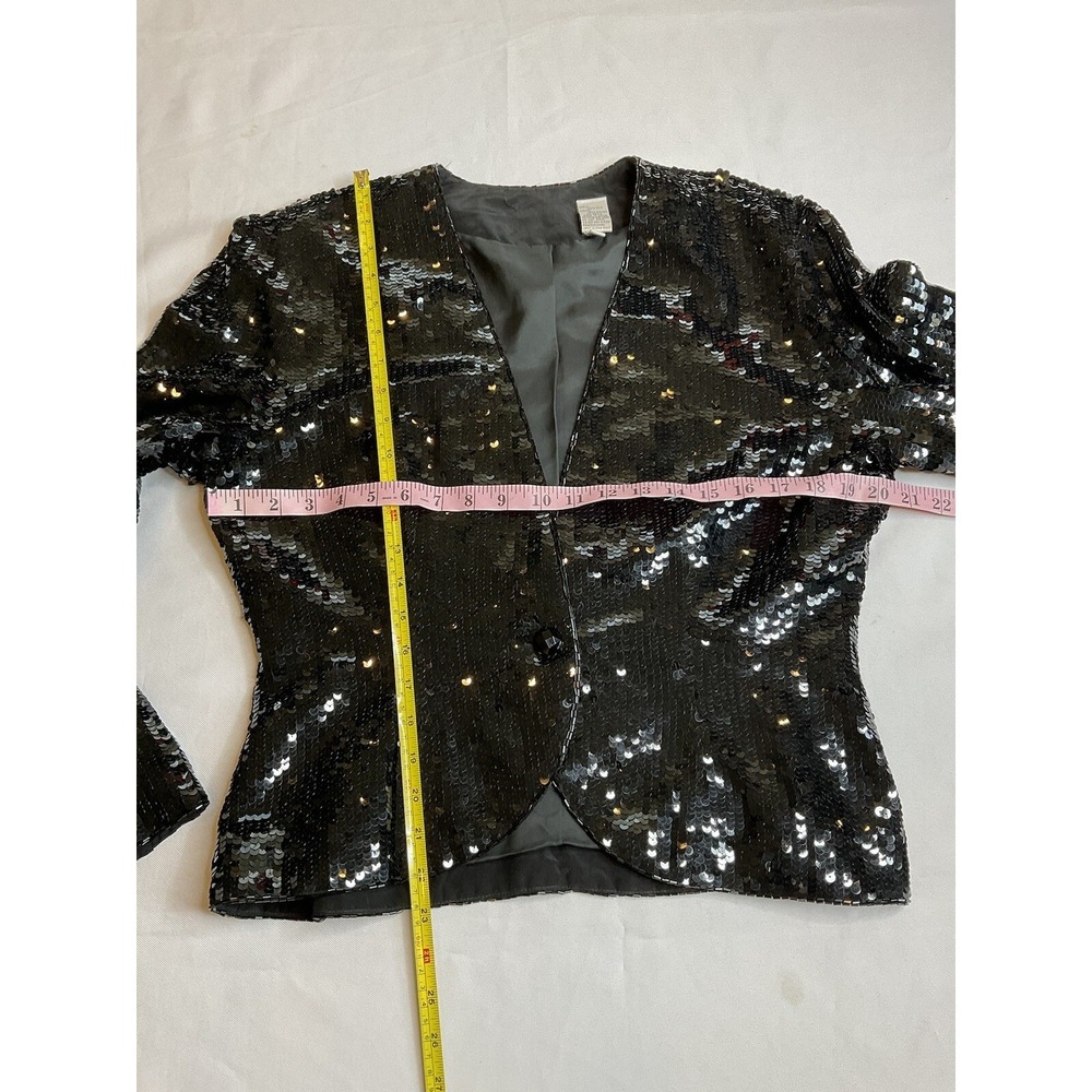 Vintage Black Sequin Blazer Jacket Single Button V-Neck Evening Party Shimmer - Picture 13 of 16